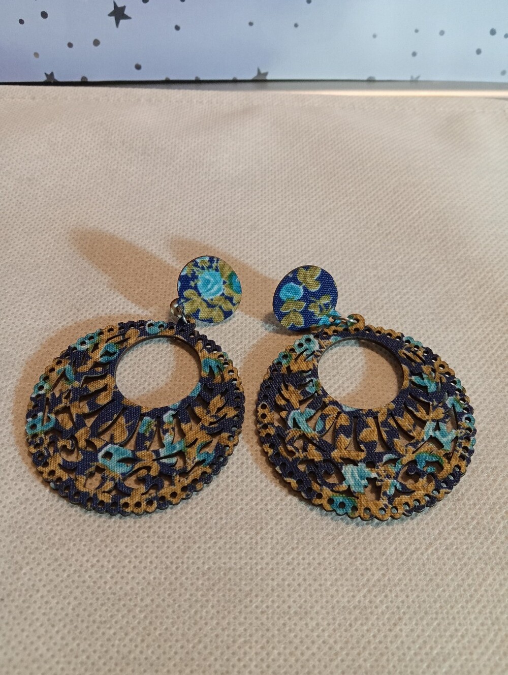 Floral Cutout Hoop Earrings in Navy and Teal